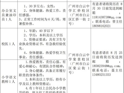 广州市白云中学招聘校医+小学语文老师启事(8月25日前报名)
